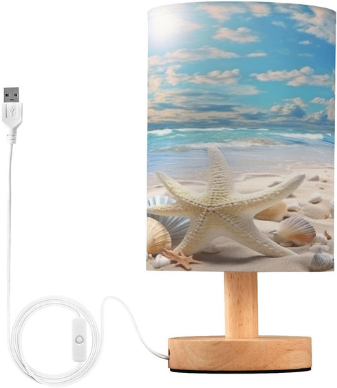 Starfish Summer Beach Bedside Table Lamp for Bedroom Nightstand, Small Eye Care LED Desk Reading Lamp USB Port Wood Base Round Flaxen Fabric Shade...