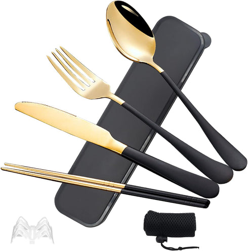 Black Portable Flatware Cutlery Set, TWUTGAYW Stainless Steel Travel Utensils with Case, Reusable Chopsticks Knife Spoons and Forks Set, Gold Camp...