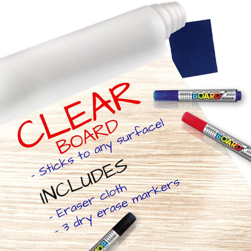 Clear Adhesive Sheets Roll on Wall 18 x 78Inch (6.5 Ft), Includes 3 Dry Erase Markers, Bulletin Board Paper, Clear Adhesive Vinyl Sheets, Transpar...