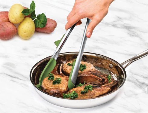 Tovolo Tip Top Tongs, Easy-Grip Kitchen Tongs for Cooking With Silicone Tips, Easy Locking Mechanism, Cooking Utensil With Resting Foot, Heat-Resi...