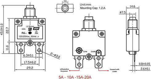 5pcs Push Button Reset 5A 10A 15A 20A 30A Circuit Breakers with Quick Connect Terminals and Waterproof Button Cap...