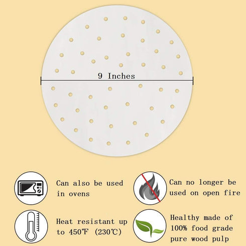 Air Fryer Liners - 7" 8.5" 9"10" Parchment Paper Bamboo Steamer liners Perforated Anti-stick Waterproof 100% Pure Raw Wood Pulp by EBIGIC...