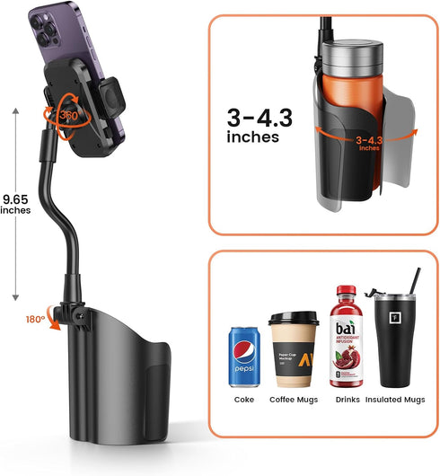 Cup Holder Phone Mount for Car, Universal 360° Adjustable Gooseneck Cell Phone Cup Holder Expander for Medium-Sized Vehicles Truck Compatible with...