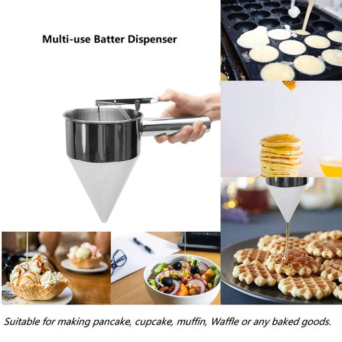 Batter Dispenser, Multipurpose 40oz Stainless Steel Pancake Batter Funnel Dispenser with Stand Great for Pancakes, Cupcakes, Waffles or Any Baked ...