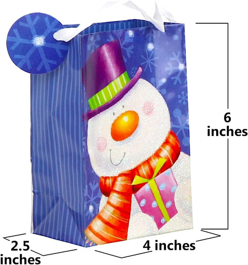 Iconikal 20-Pack Christmas Gift Bags, Small 4x6x2.5-Inch, Snowman Santa Reindeer, Ribbon Handles...