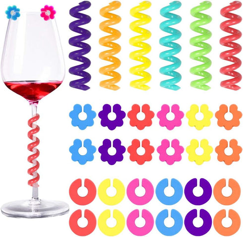 Jolbndcv 30 Pcs Silicone Drink Markers Wine Glass Charms Markers Drink Markers for Champagne Flutes Cocktails Martinis Wine Glass 3 Shape...
