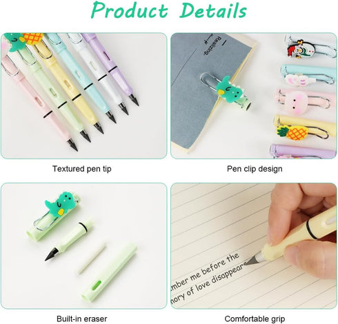 Forever Pencil,6PCS Everlasting Pencil with Extra 6 Removable Cartoon Decorations 6 Replaceable Nibs Reusable Inkless Pencils Magic Pencil Set for...