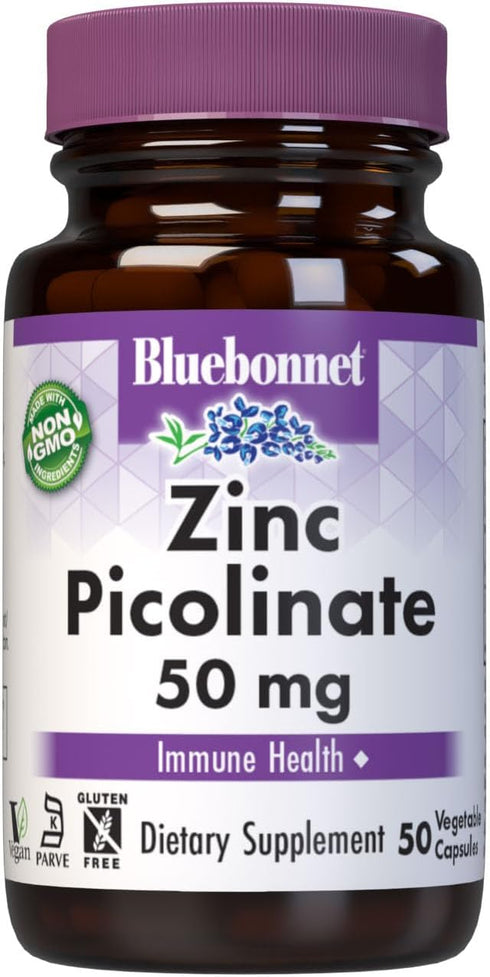 Bluebonnet Nutrition Zinc Picolinate, Hormonal & Immune, Prostate Health, Skin, Vegan, Non GMO, Gluten, Soy & Milk Free, Kosher, White, 50 Count...