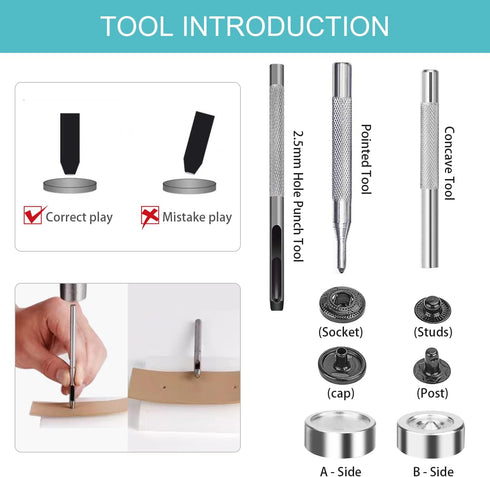 45 Set Leather Snap Fasteners Kit, 15mm Stainless Steel Leather Snaps Kit with 4 Install Tools, 3 Color Snaps for Clothes, Jacket, Down Jeans Wear...