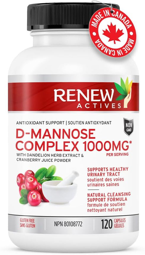 Renew Actives HIGH Potency D-Mannose & Cranberry Complex 1000MG – with Premium Hibiscus, Dandelion Herb Extracts – Antioxidant Support - NO Artifi...