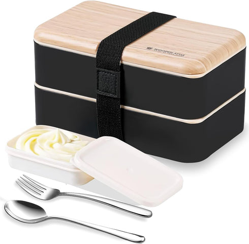 Original Bento Box Lunch Box Japanese Style 2 Layer Food Containers with Utensils Spoon and Fork Bundle Divider Salad Box for Men Women (Black)...