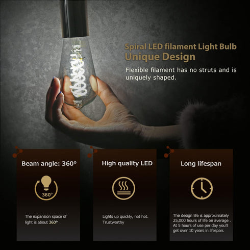 ST19(ST58) LED Smoky Grey Glass Edison Bulb, Vintage, 6 Pack, Daylight 5000K, Antique Flexible Spiral LED Filament Light Bulb, Dimmable, 300LM, 4....