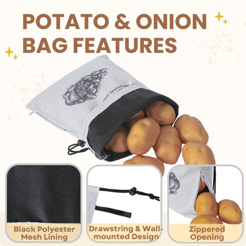 Potato Onion Garlic Storage Bag, Reusable Potato Onion and Storage Bag for Pantry, Vegetable Storage Bags with Drawstring Closure, 3 Packs (Potato...