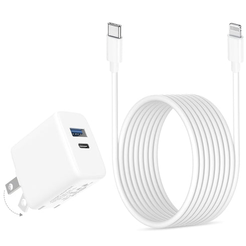 20W Dual Port Fast Charger for iPad 9th 8th 7th Generation 10.2 inch, iPad Air 3/2, iPad Mini 5, Foldable Wall Charger with 6.6ft USB-C to Lightni...
