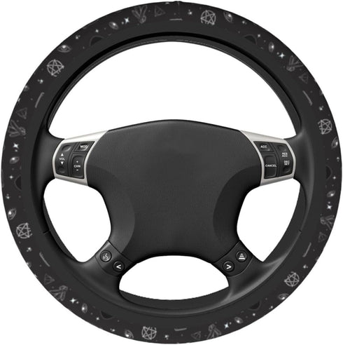 Wicca Wiccan Pentacle Star Black Cat Steering Wheel Cover Car Accessories Cute for Women Girls Girly Universal 15 Inch Neoprene Auto Interior Deco...