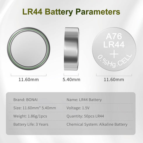 BONAI LR44 AG13 Batteries 1.5v Button Cell Battery 50 Count, A76 357/303 L1154f SR44 Battery High Capacity Packaging Upgrade…...