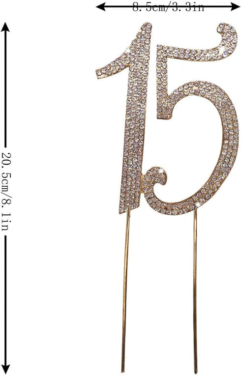 15 Gold Cake Topper | Premium Sparkly Crystal Rhinestones | 15th Birthday or Anniversary Party Decoration Ideas | Quality Metal Alloy | Perfect Ke...