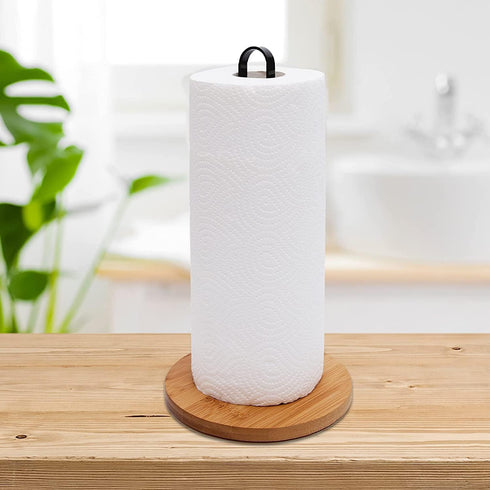 Wood Paper Towel Holder, Black Paper Towel Holder Countertop, Kitchen Towel Holder Free-Standing with Non-Slip Wooden Base...