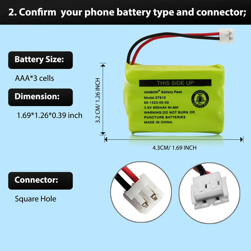 27910 Cordless Phone Battery for Motorola SD-7501 MD7161 AT&T 27910 89-1323-00-00 E1112 E2801 TL72108 Vtech I6725 RadioShack 23-959 Ni-MH 3.6V (Pa...