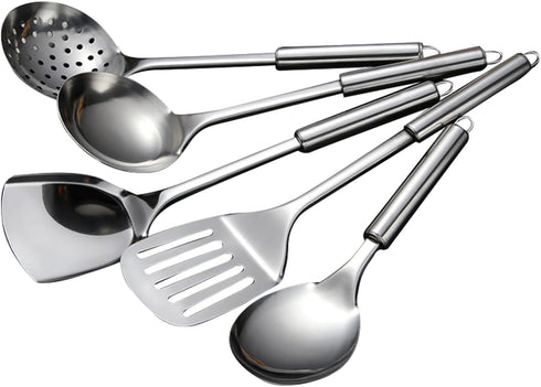 5 PCS Cooking Utensils Set Stainless Steel Kitchen Utensils Gadgets Resistant Cooking Tools Includes Slotted Spoon, Slotted Spatula, Large Spoon, ...