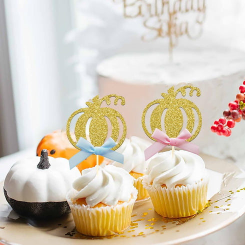 24pcs Pumpkin Gender Reveal Cupcake Toppers - Baby Shower Girl or Boy Party Decorations Supplies, Pumpkin Food Pick (Blue and Pink Bow)...