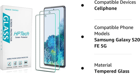 HPTech (2 Pack) Designed for Samsung Galaxy S20 FE, Galaxy S20 FE 5G, Galaxy S20 FE 5G UW Tempered Glass Screen Protector, 9H Hardness, Support Fi...
