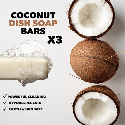 Coconut Dish Soap Bar - Organic, Pack of 3 - (3.8 oz each), Skin-Safe, Non-Toxic, Sustainable Kitchen Soap - Zero Waste...