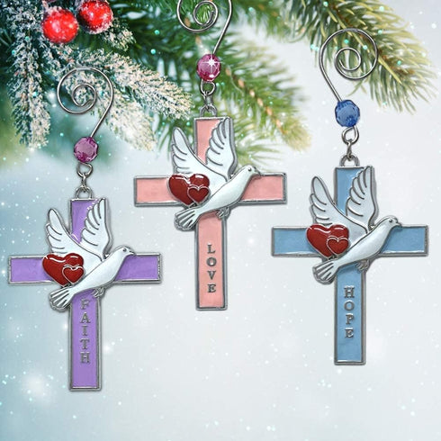 Faith Hope Love Cross Christmas Ornaments - Set of 3 - Religious Crosses with Doves, Hearts and Embossed Words - Inspirational Xmas Gift - 3" H...