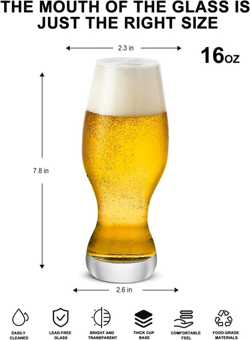 LUXU IPA Beer Glasses(Set of 4),16 oz Pilsner Beer Glasses,Craft Beer Bar Glasses,Lead-free Drinking Glasses,Ideal Gifts for Lager,Ale or Craft Be...