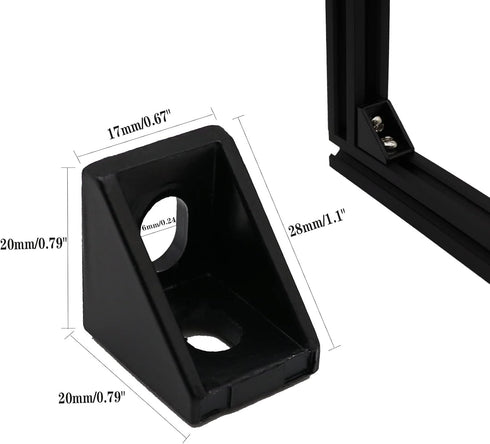 20pcs Black 2020 Series 1720 Aluminum Profile Corner Bracket with 40pcs M5 T Nuts +40pcs M5 Screws + 1pcs Wrench for Slot 6mm 20S Aluminum Rail Ac...
