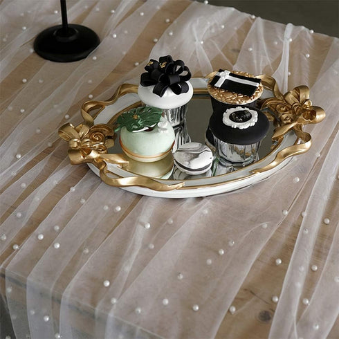 Table Runner Wedding Arch Decorations Table Line Bridal Shower Decor Fabric Romantic Pearl Lace Tablecloth for Events Embroidered Sheer Wrinkle Fr...