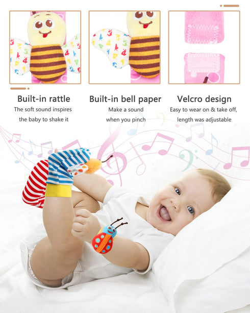 Wrist Rattle Foot Finder Sock for 0-36 Months Baby Boys and Girls, Newborn Baby Soft Hand & Feet Rattle 0-3 Years, Arm Leg Babies Development Toys...