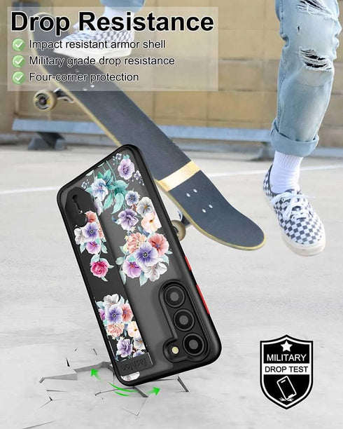 Galaxy S23 Case Cute with Strap Stand Finger Kickstand, Case for Flower Floral Designer for Girls Aesthetic Cool Silicone Compatible with Samsung ...