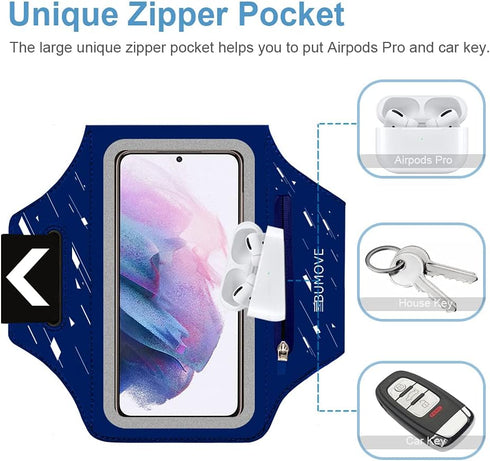 Running Armband with Headset Bag for Samsung Galaxy S25, S24, S23,S22,Zipper Slot Car Key Holder, Workouts Sports Phone Arm Band (Blue)...