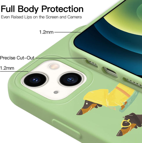 Idocolors Cute Dachshund Dog Phone Case Compatible with iPhone 13 Mini,Green Liquid Silicone Lovely Printted Case,Soft Gel Rubber Full-Body Protec...