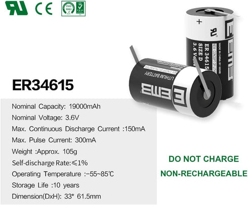 EEMB ER34615 Nonrechargeable 3.6V Lithium Battery with Tabs Li-SOCL? D Size 19000 mAh High Capacity UL Certified Single-Use 3.6V Lithium Thionyl C...