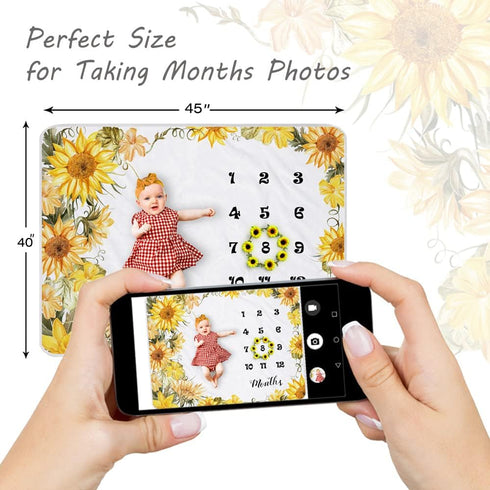 Sunflower Baby Monthly Milestone Blanket Girl, Floral Newborns Month Blanket Gift for Baby Shower, Soft Plush Photo Prop Blanket, Wreath &Headband...
