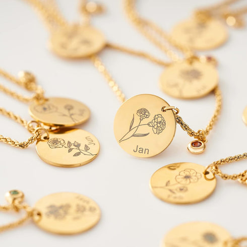 Fettero Birth Flower Necklace Gold Coin Stamp Dafodil Pendant Birthstone Aquamarine Month March 18K Gold Vacuum Plated Dainty 2MM Twist Rope Chain...