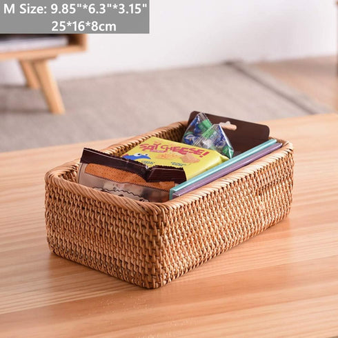 Handmade Rectangle Wicker Fruit Box Rattan Tray Magazine Organizer and Small Objects Container Serving Basket (Medium)...