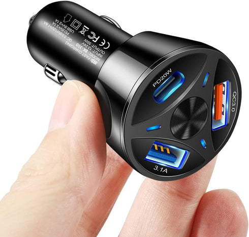 Portable USB Car Charger 3-Port Fast Charge,PD20W/3.1A/QC3.0 Car Charger Adapter USB Charger Compatible for iPhone 14 Pro MAX/13 MacBook Pro iPad ...