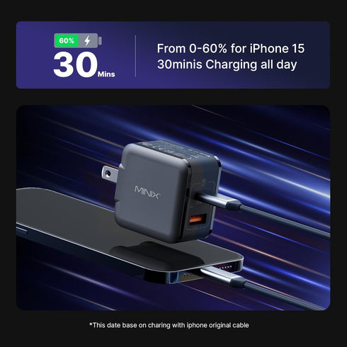 MINIX NEO P1 Mini 33W PPS 2-Port GaN Charger 1 USB-C Port Fast Charger, 1 USB-A Port Quick Charger 3.0. Compatible with iPhone 8-15 Series, Galaxy...