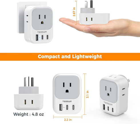 Australia New Zealand Power Adapter USB C, TESSAN Australia Power Plug Adapter with 4 Electrical Outlets 3 USB Ports (2 USB C), Power Adapter for ...