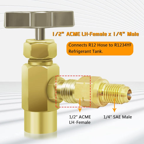 Boltigen R1234YF Refrigerant Tank Adapters, R12 to R1234YF Adapter Connector, 1/2 LH to 1/4 Flare R1234YF Vacuum Pump Adapter Fittings with Valve ...