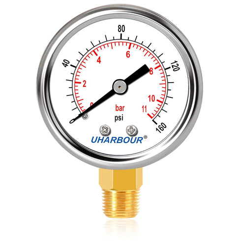 Lead-Free Pressure Gauge 0-160psi 1/4" NPT Lower Mount 2" Dial Stainless Steel Case, Pressure Gauge for Water Air RV...