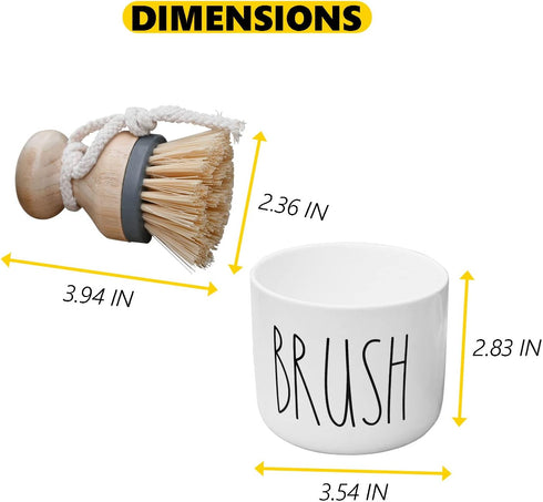 Dish Brush with Holder, Bamboo Handle Dish Scrubber with Ceramic Stand, Bubble Up Dish Brush Set, Farmhouse Dish Cleaning Tools, Dish Washing for ...