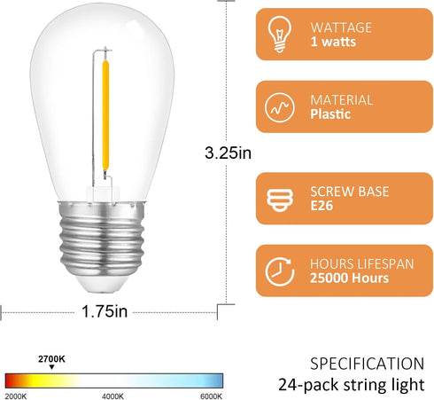 24-Pack String Light Bulbs, S14 Outdoor Waterproof Replacement Bulb, E26 Base Bulbs, 1W 120V, 2700K Warm White...