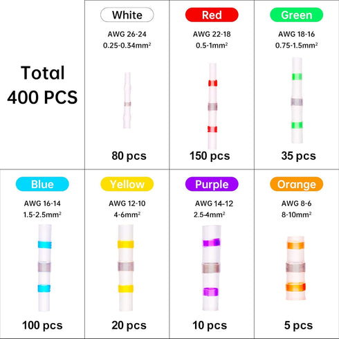 400PCS Solder Seal Wire Connectors, Heat Shrink Butt Connectors Solderstick Solder Stick Waterproof Wire Electrical Connector Kit for Marine Autom...