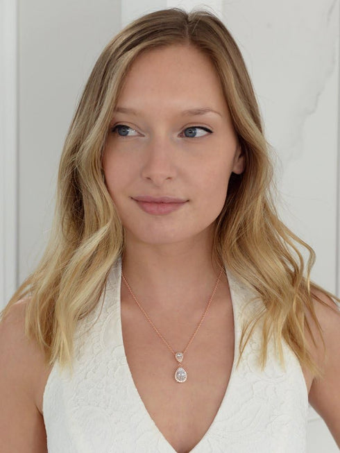 Mariell Rose Gold Cubic Zirconia Crystal Teardrop Bridal Wedding Pendant Necklace, Jewelry for Brides...