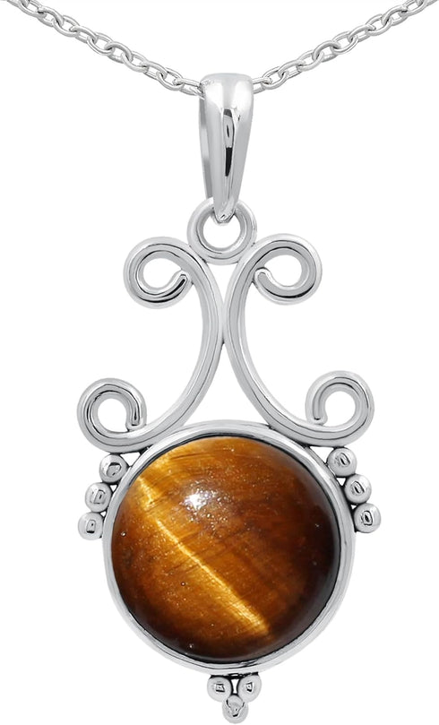 TISHAVI 5.45Cts Natural Round Shaped Semi Precious Gemstone Pendant Necklace For Women With 18Inch Chain, Sterling Silver Birthstone Pendant Neckl...