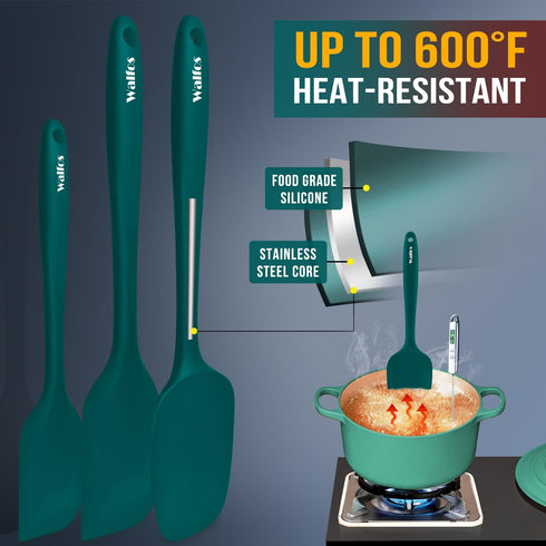 Walfos Silicone Spatula Set of 7 - (600°F) High Heat Resistant Dark Green Kitchen Scraper Spatulas, One-Pieces Seamless Design, Perfect for Cookin...